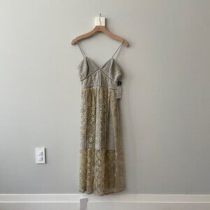 NWT Self-Portrait Gold-grey Floral Embroidered Mesh Midi Dress - Size US 2 (UK 6